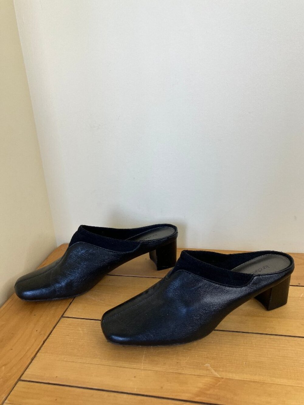 Liz Claiborne Black Leather Mules Slip-On Heels Women's Shoes US 7.5